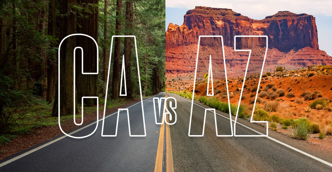 Split Screen, left side California Redwood Forest, right side Arizona mesa desert