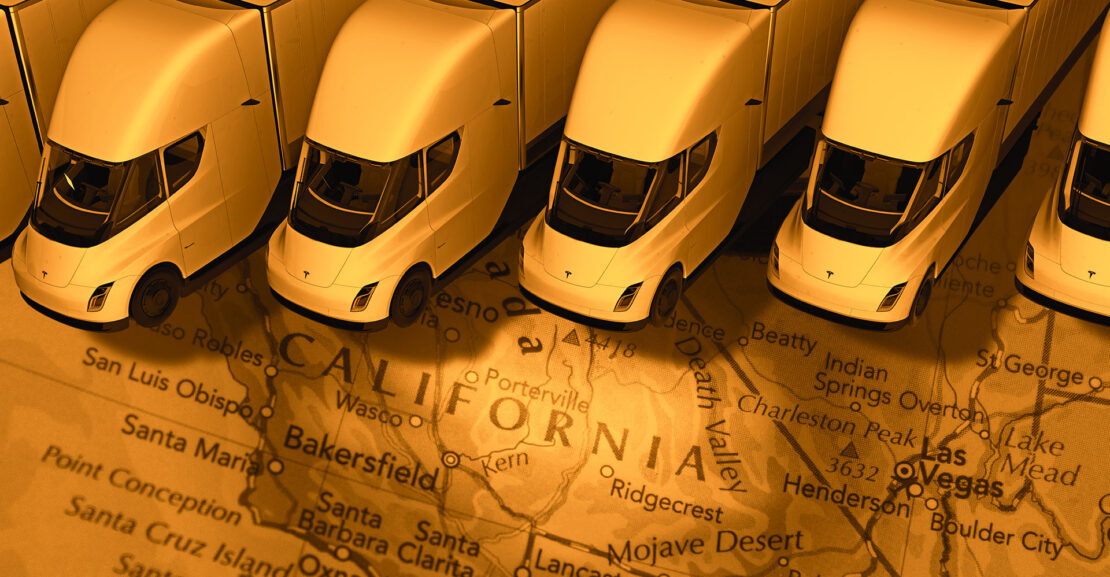 Row of EV Semis Trucks overlayed onto a map of California