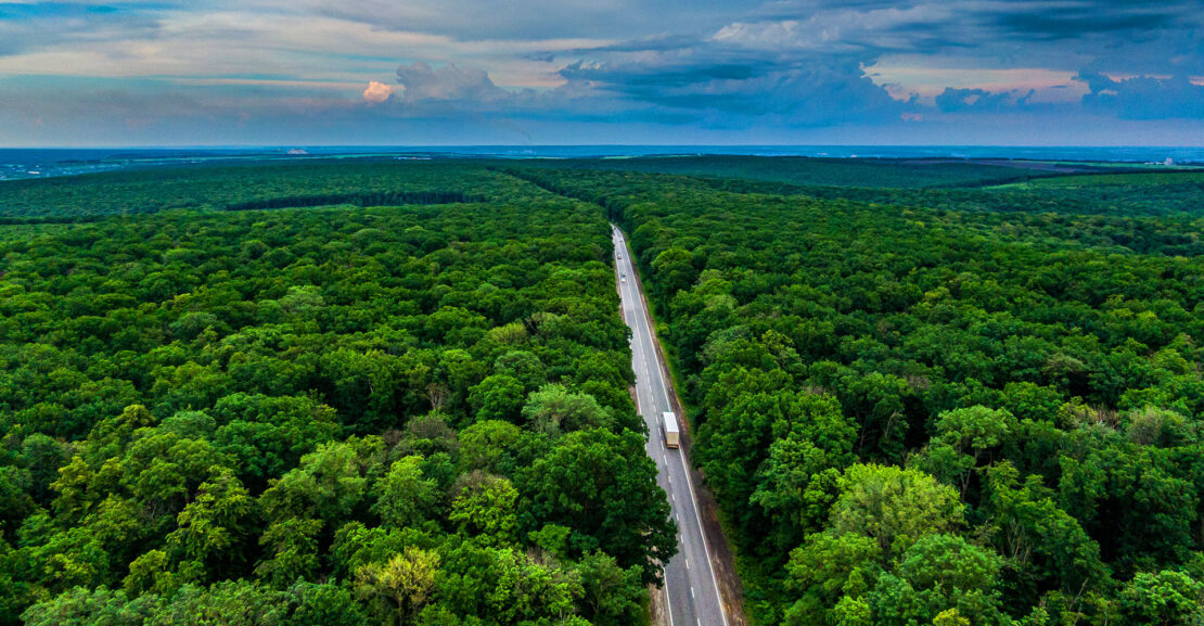Aerial view of white semi truck driving through green lush wooded area.