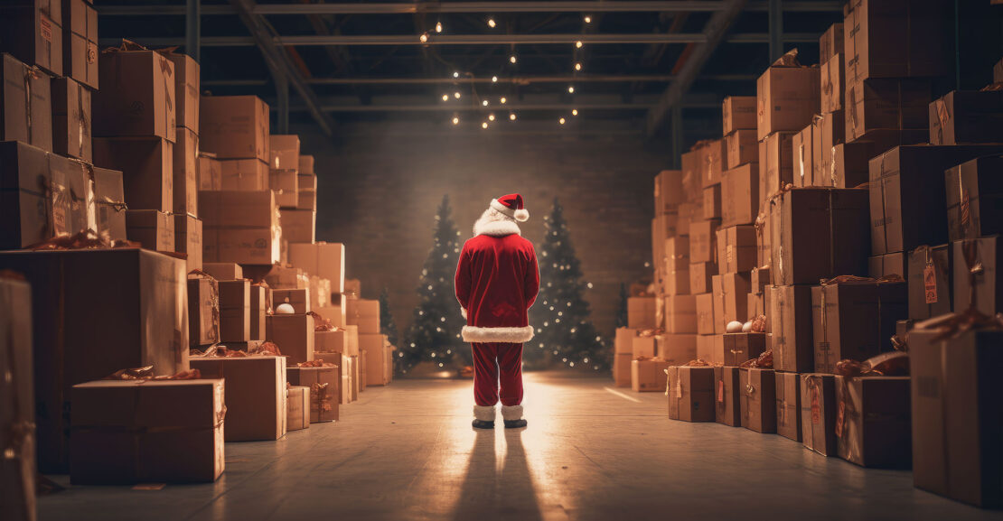 Santa Claus standing in warehouse storage area full of cardboard gift boxes