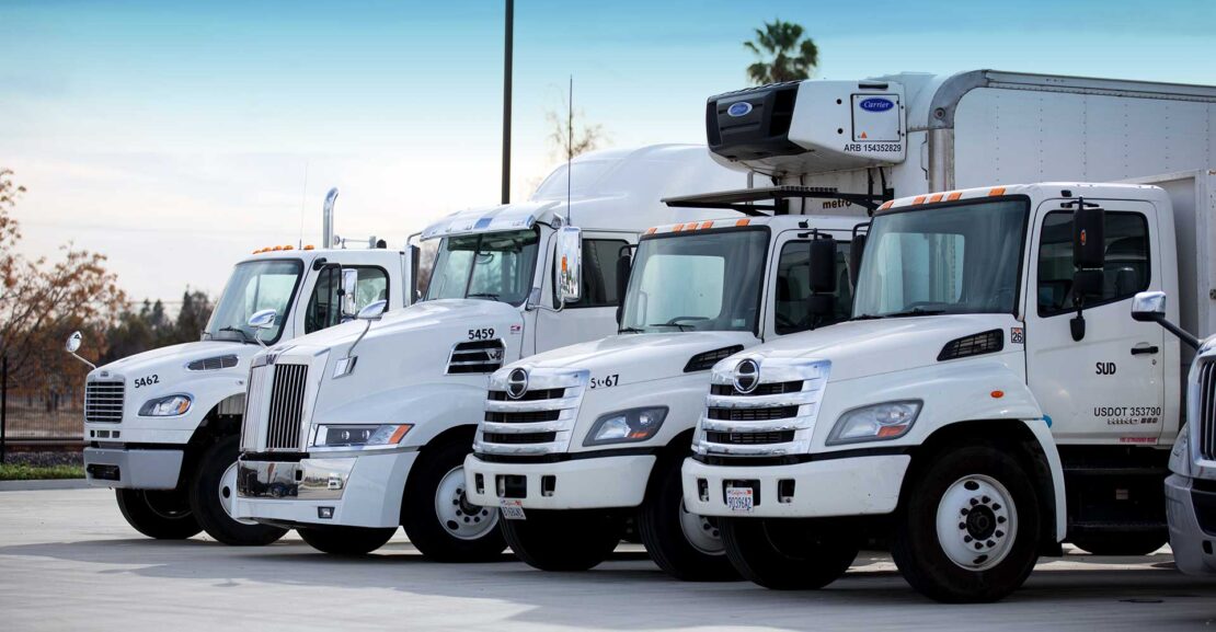 Row of a variety of white commercial trucks