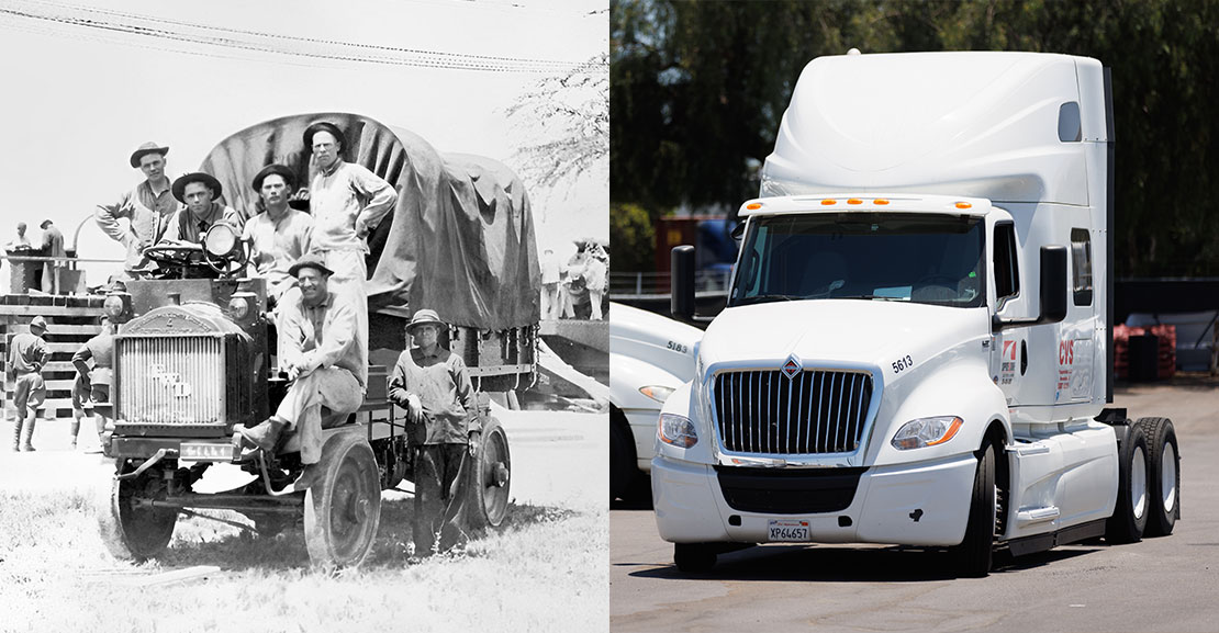 Side by side images of old 1900s truck and a 2023 new Sleeper Cab