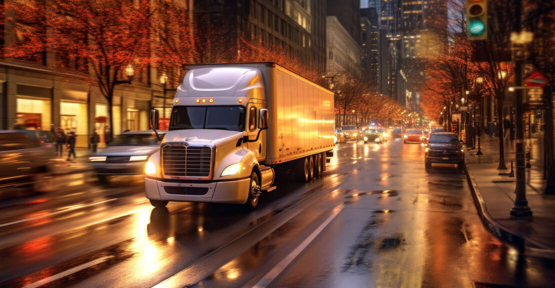 White semi truck navigating traffic on a city street at night