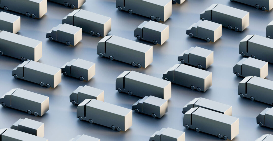 3D block-style rendering of a feelet of various trucks