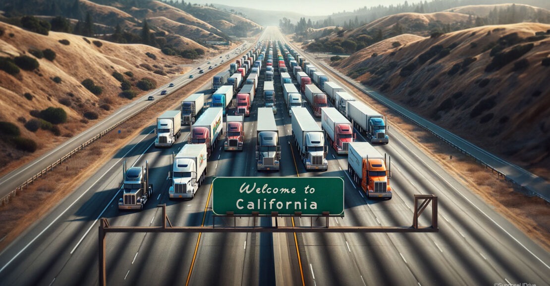 High angle view of 8-lane highway filled with semi-tractor trailers, all crossing under a Weldom to California sign.