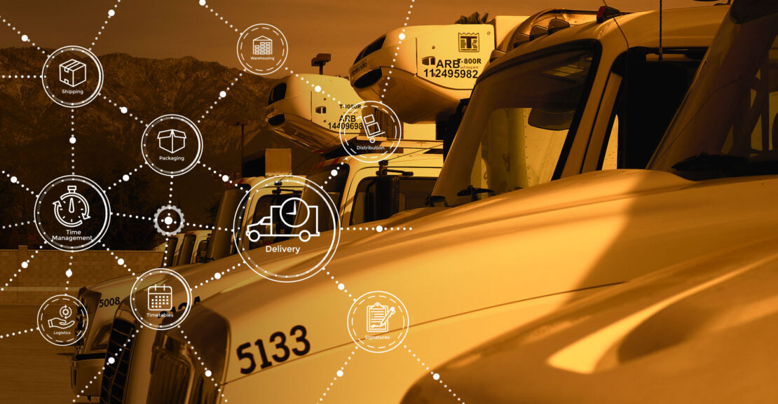Row of white semi truck noses overlaid with computer-style supply chain graphics