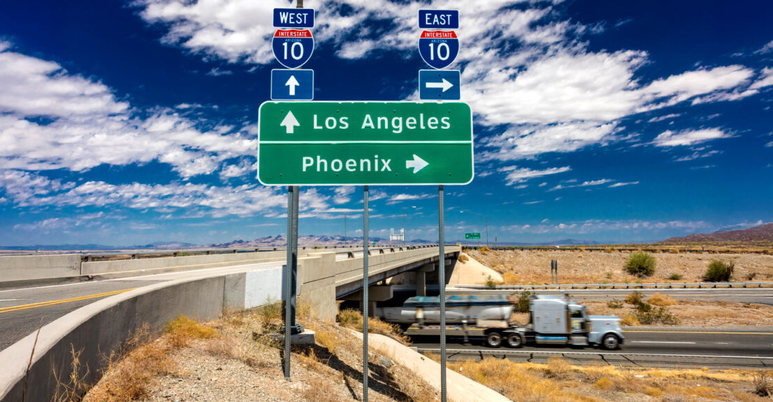 Semi Truck fuel tanker drives on Interstate 10 from Los Angeles, California to Phoenix Arizona