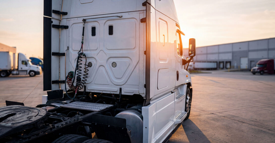White semi truck cab parked at distribution center yard during sunset with industrial warehouse buildings in background