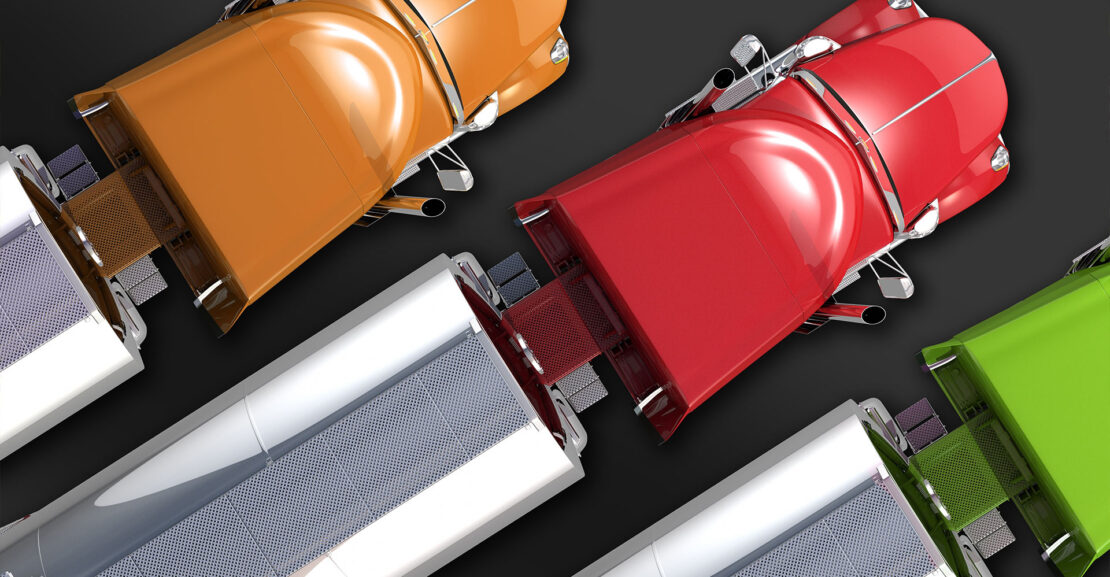 Colorful overhead illustration of tanker trucks parked side by side