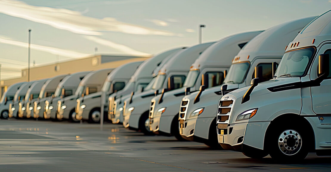A row of white semi trucks are parked in a parking lot.
